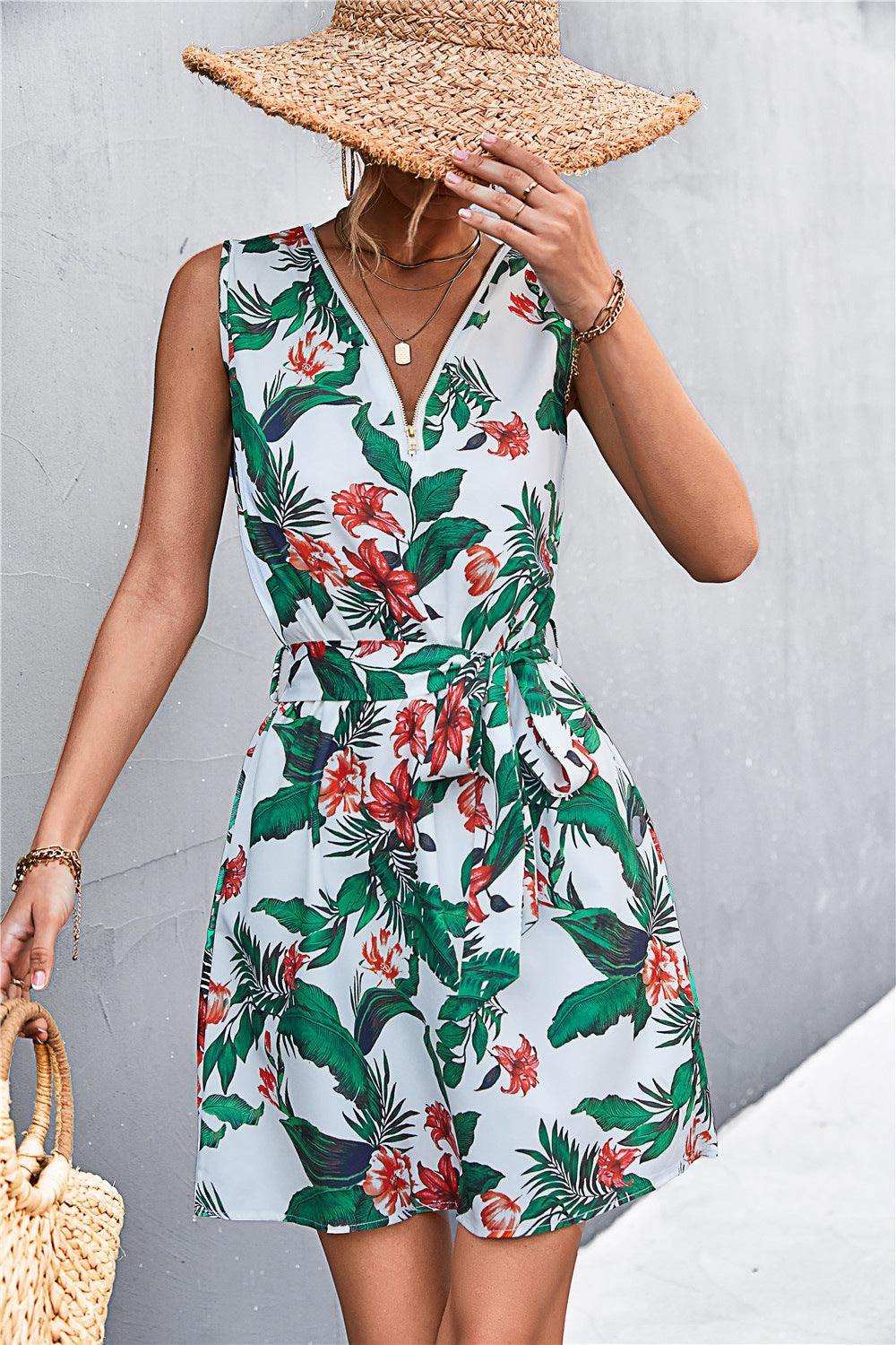 Printed Zip Detail Belted Sleeveless Dress - Trendsi - Flyclothing LLC