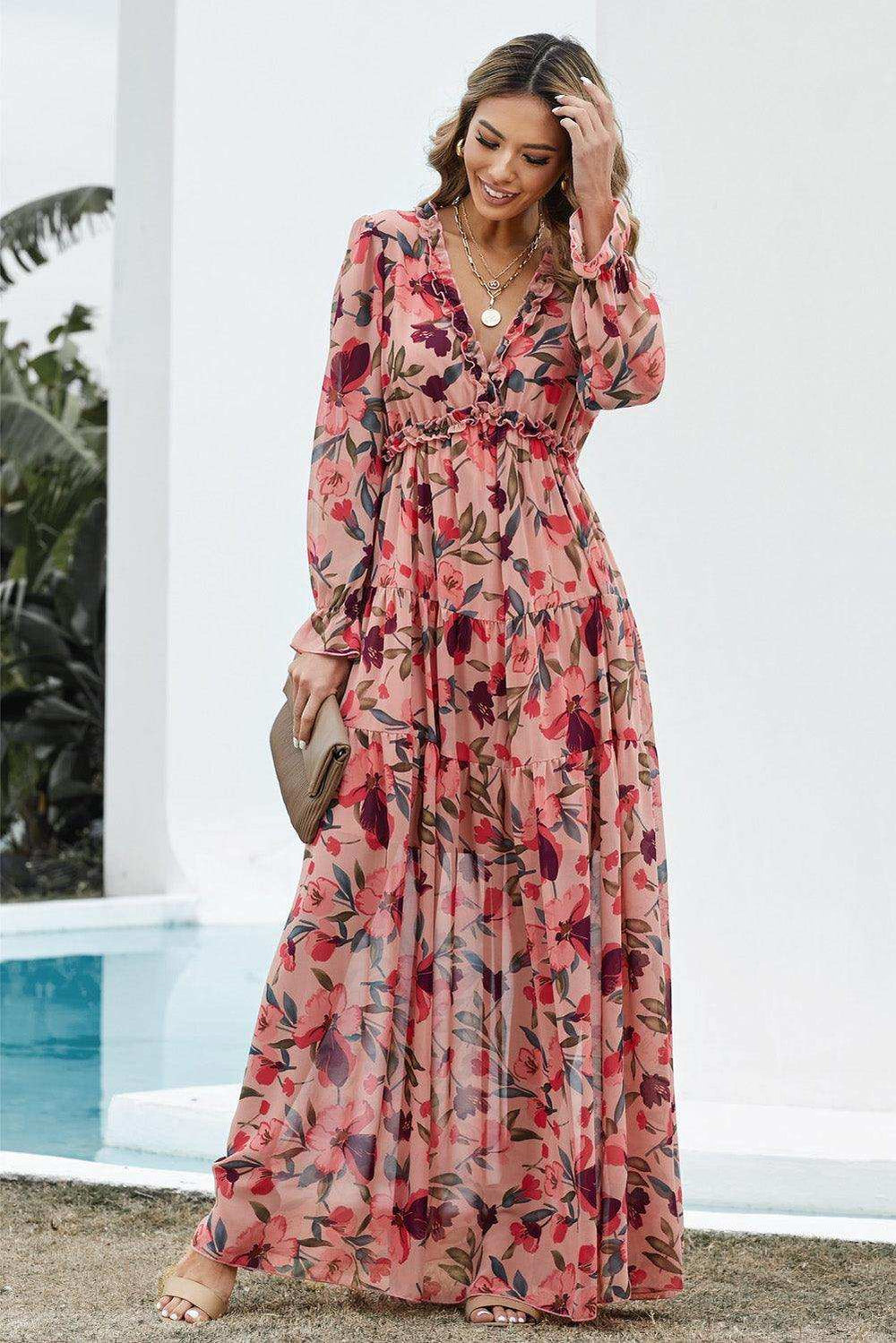 Floral Frill Trim Flounce Sleeve Plunge Maxi Dress - Trendsi - Flyclothing LLC