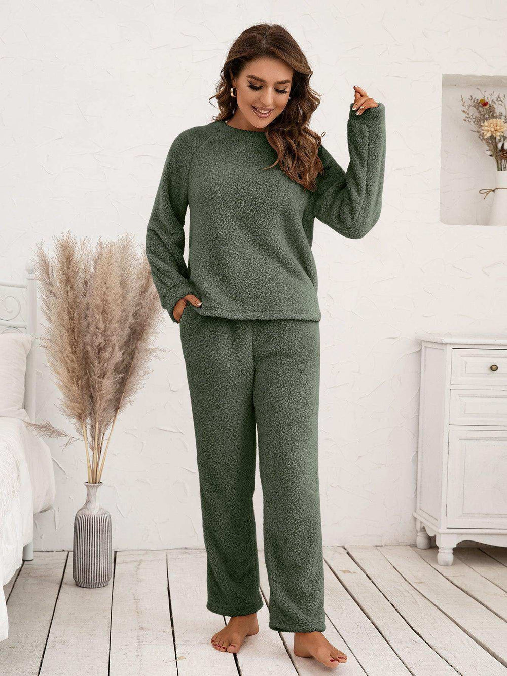 Teddy Long Sleeve Top and Pants Lounge Set - Trendsi - Flyclothing LLC