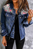 Mixed Print Distressed Button Front Denim Jacket - Trendsi - Flyclothing LLC