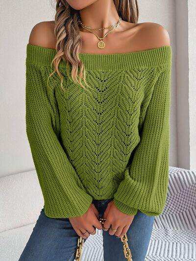 Openwork Off-Shoulder Long Sleeve Sweater - Trendsi - Flyclothing LLC