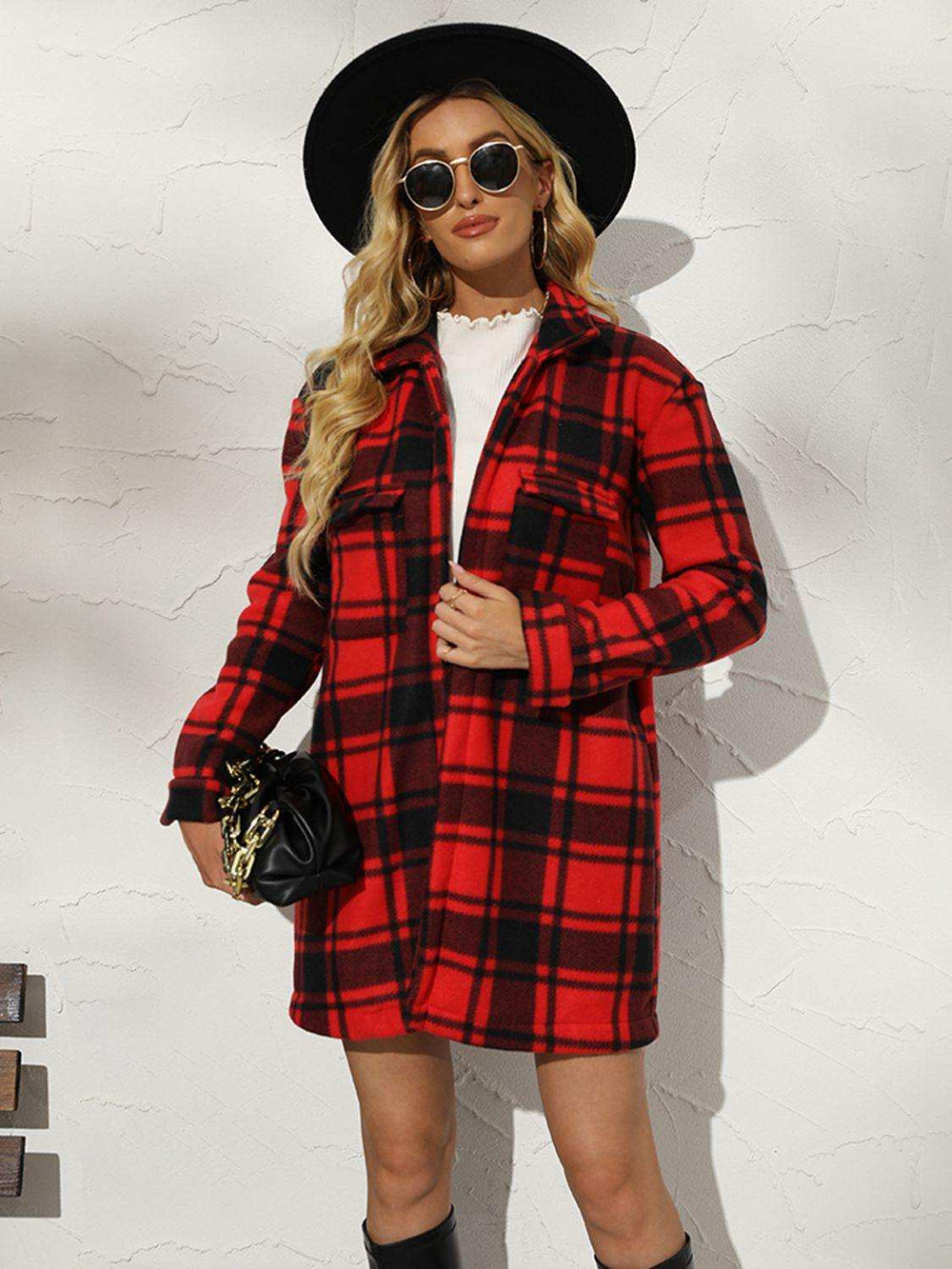 Plaid Collared Longline Coat - Trendsi - Flyclothing LLC