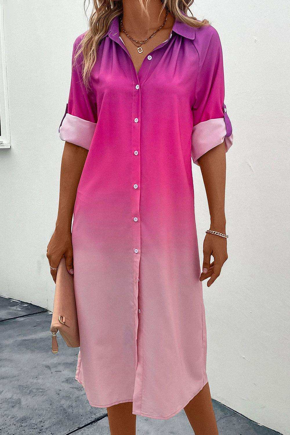 Gradient Long Sleeve Shirt Dress - Trendsi - Flyclothing LLC
