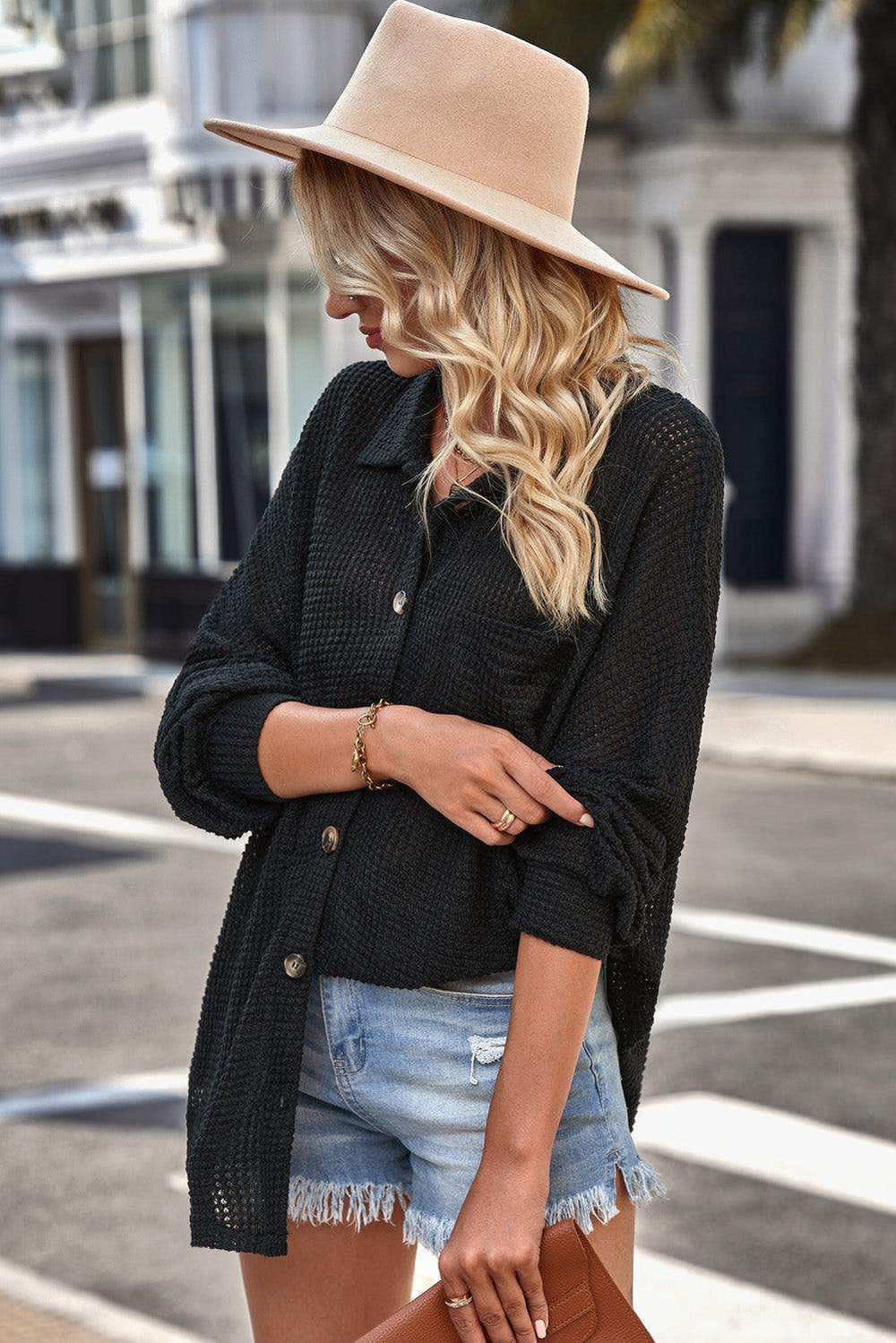 Waffle-knit Collared Neck Dropped Shoulder Shirt - Trendsi - Flyclothing LLC