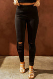 Wide Waistband Distressed Slim Fit Leggings - Trendsi - Flyclothing LLC