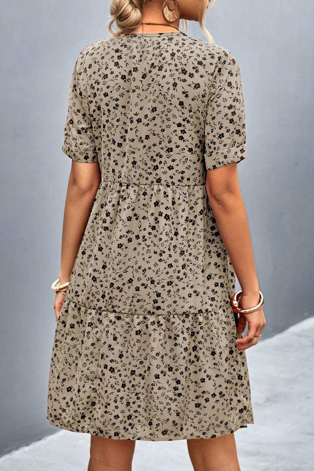 Ditsy Floral Empire Waist Plunge Short Sleeve Dress - Trendsi - Flyclothing LLC
