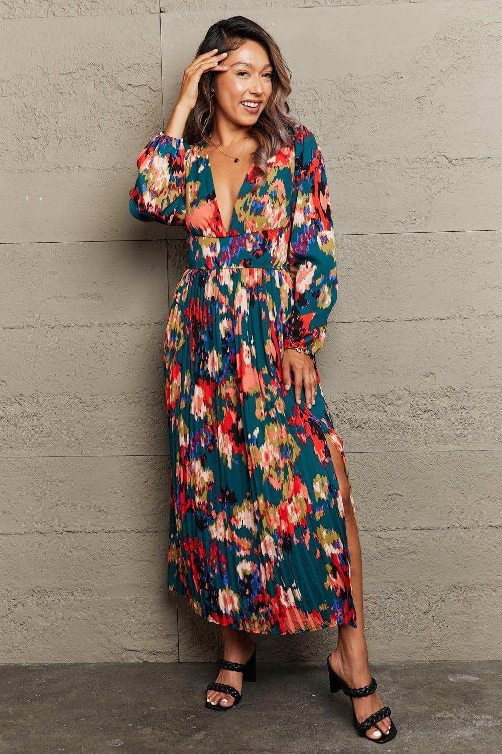 Printed Deep V Slit Pleated Dress - Trendsi - Flyclothing LLC