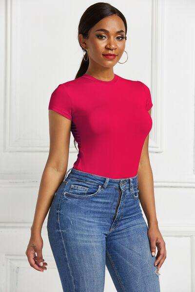 Round Neck Short Sleeve Bodysuit - Trendsi - Flyclothing LLC