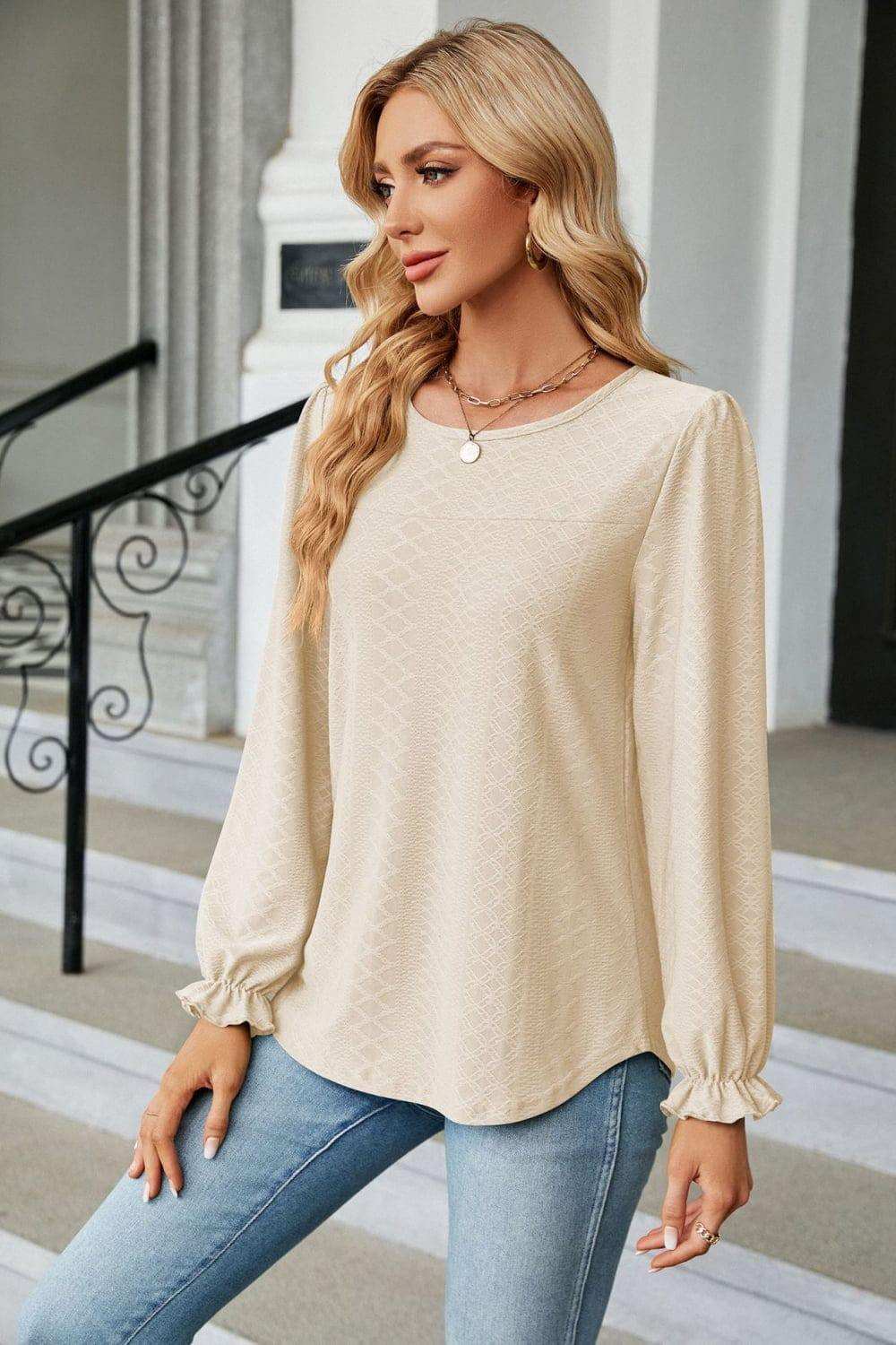 Round Neck Flounce Sleeve Blouse - Trendsi - Flyclothing LLC