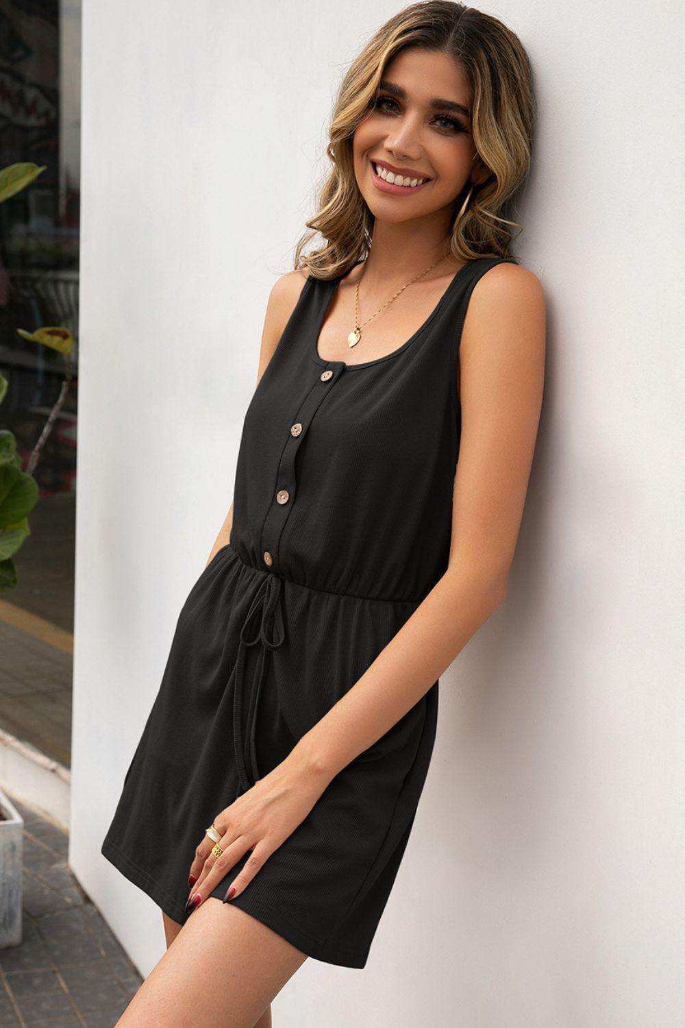 Buttoned Round Neck Sleeveless Romper - Trendsi - Flyclothing LLC