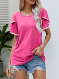 Pom-Pom Trim Flutter Sleeve Round Neck Tee - Trendsi - Flyclothing LLC