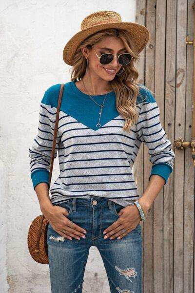 Striped Round Neck Long Sleeve T-Shirt - Trendsi - Flyclothing LLC