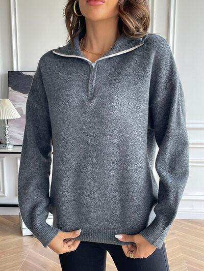 Half Zip Dropped Shoulder Sweater - Trendsi - Flyclothing LLC