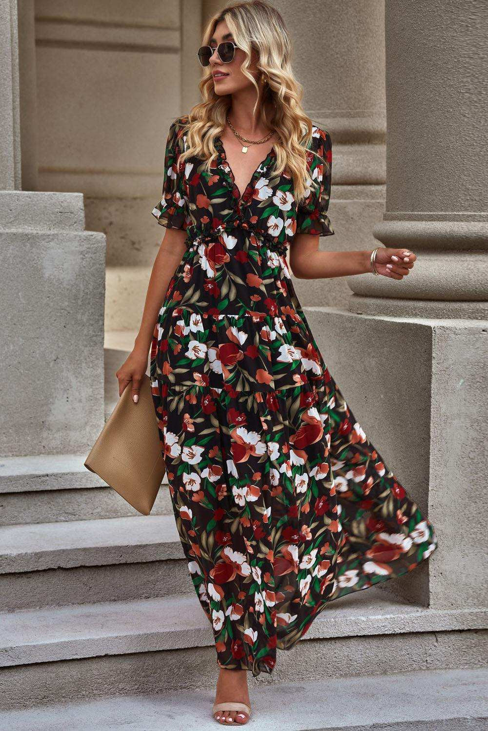 Floral V-Neck Short Flounce Sleeve Dress - Trendsi - Flyclothing LLC