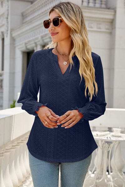 Eyelet Notched Lantern Sleeve T-Shirt - Trendsi - Flyclothing LLC