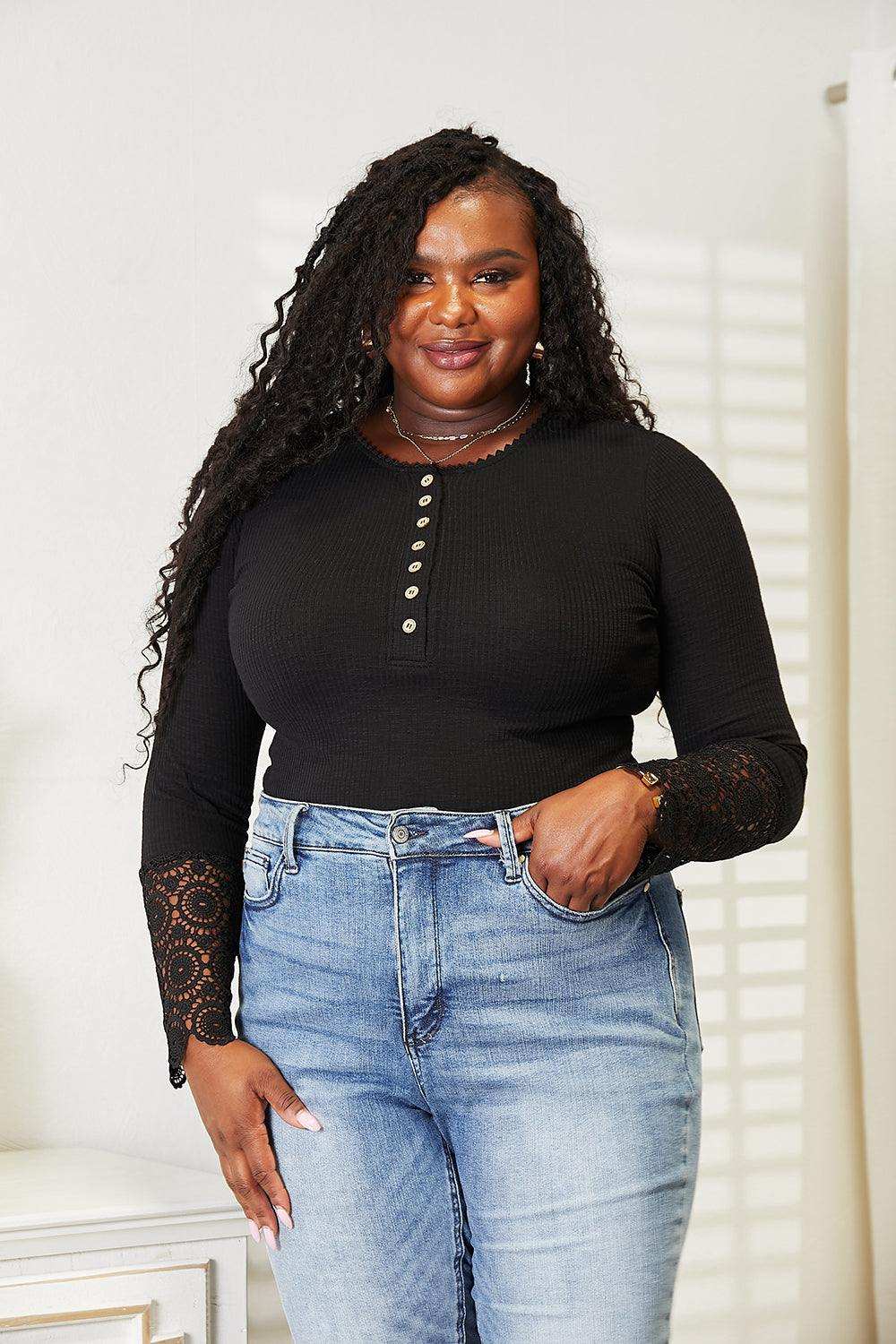 Double Take Crochet Lace Hem Sleeve Button Top - Trendsi - Flyclothing LLC