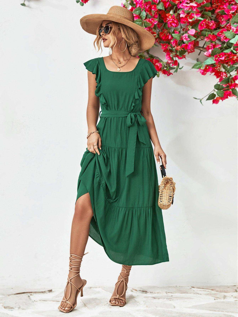 Tie Belt Ruffled Tiered Dress - Trendsi - Flyclothing LLC