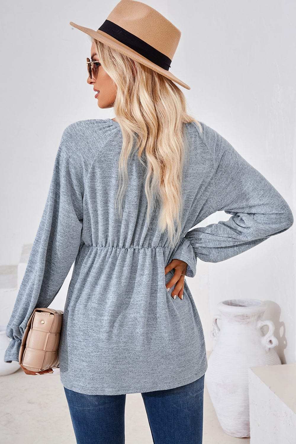 Ruched Round Neck Flounce Sleeve Blouse - Trendsi - Flyclothing LLC