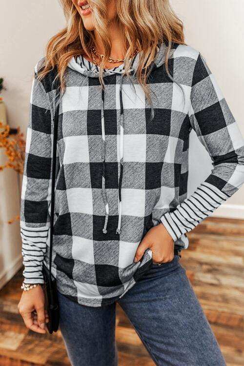 Plaid Drawstring Long Sleeve Hoodie - Trendsi - Flyclothing LLC