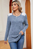 Eyelet Ribbed Round Neck Long Sleeve T-Shirt - Trendsi - Flyclothing LLC