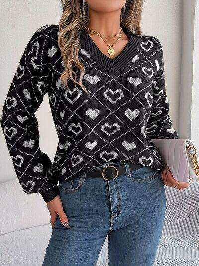 Heart Pattern V-Neck Long Sleeve Sweater - Trendsi - Flyclothing LLC