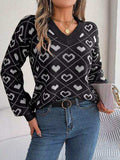 Heart Pattern V-Neck Long Sleeve Sweater - Trendsi - Flyclothing LLC