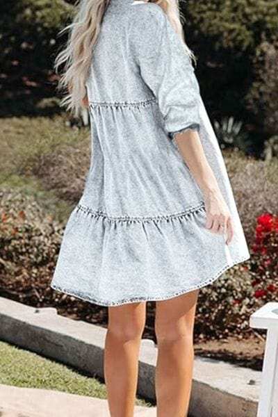 V-Neck Half Sleeve Mini Denim Dress - Trendsi - Flyclothing LLC