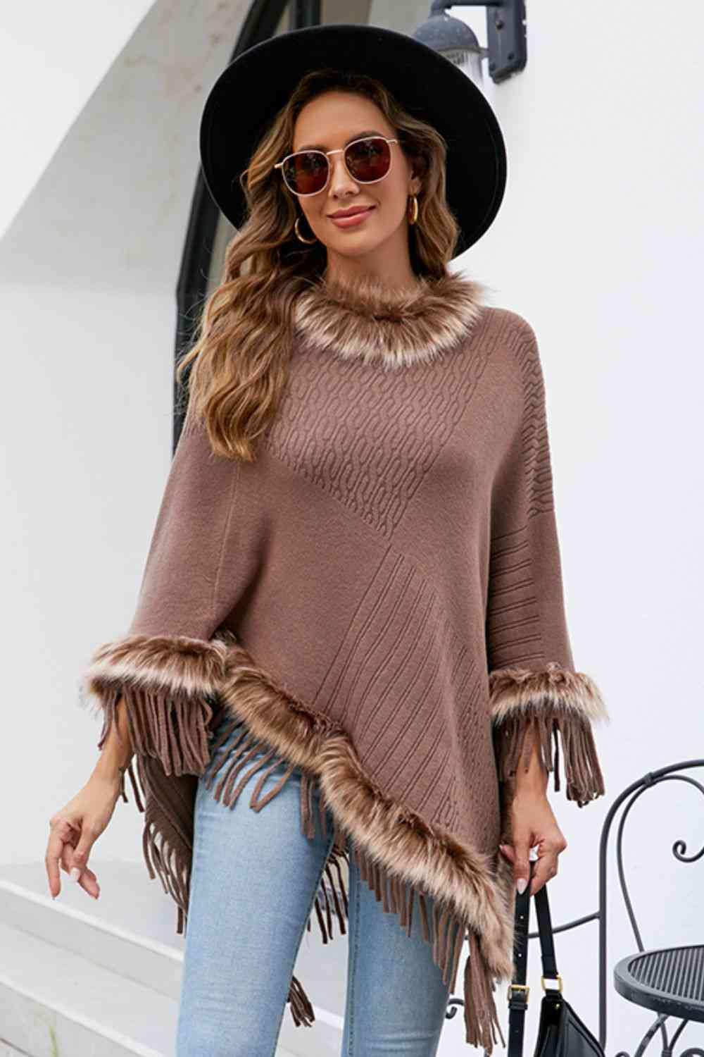 Faux Fur Trim Fringed Poncho - Trendsi - Flyclothing LLC