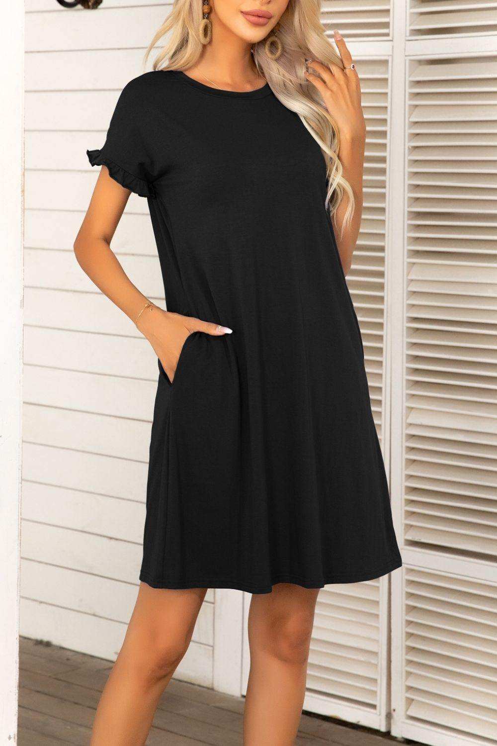 Flounce Sleeve Round Neck Dress with Pockets - Trendsi - Flyclothing LLC