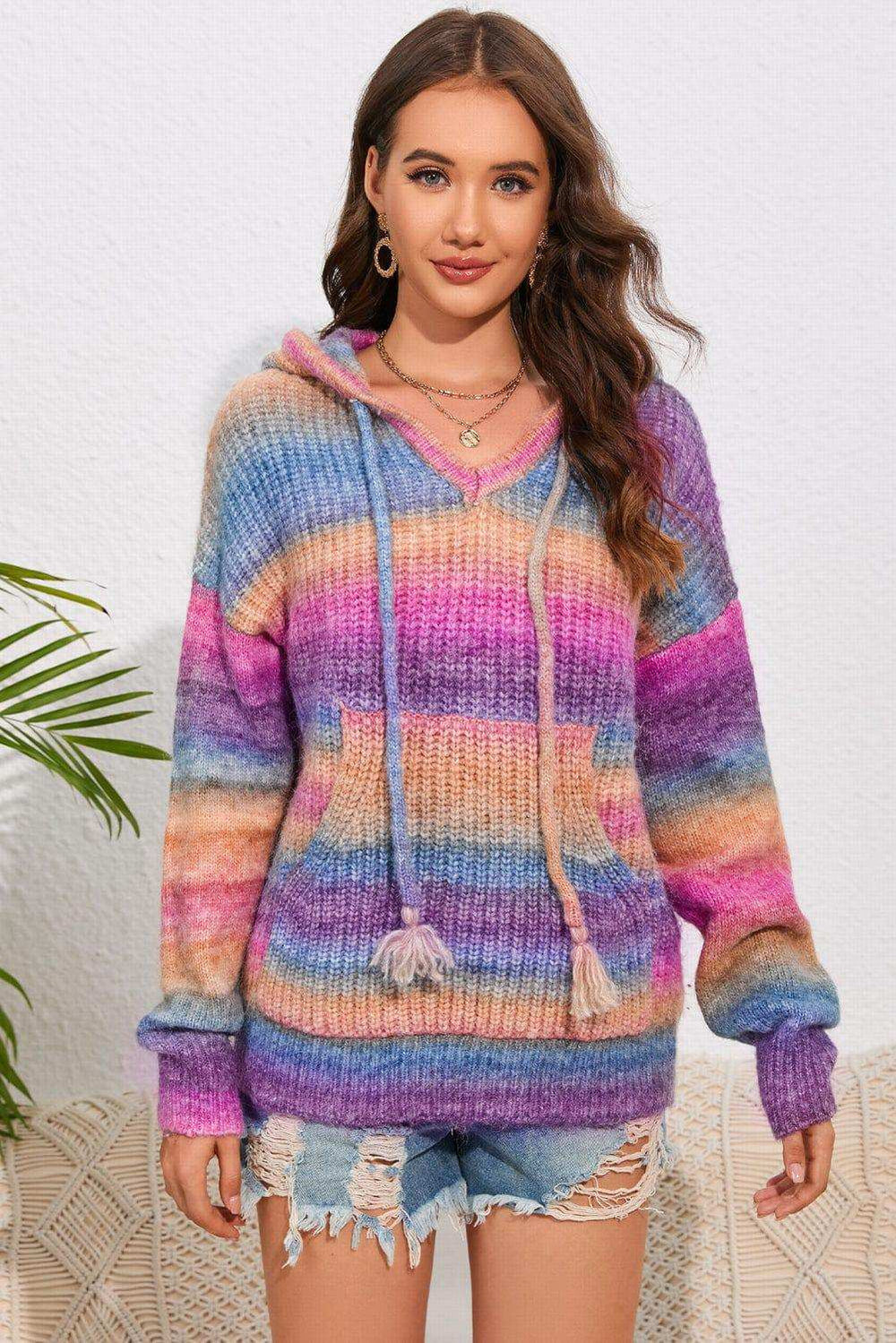 Multicolor Dropped Shoulder Hooded Sweater - Trendsi - Flyclothing LLC