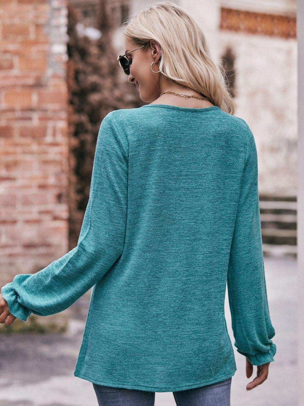 Long Flounce Sleeve Round Neck Blouse - Trendsi - Flyclothing LLC