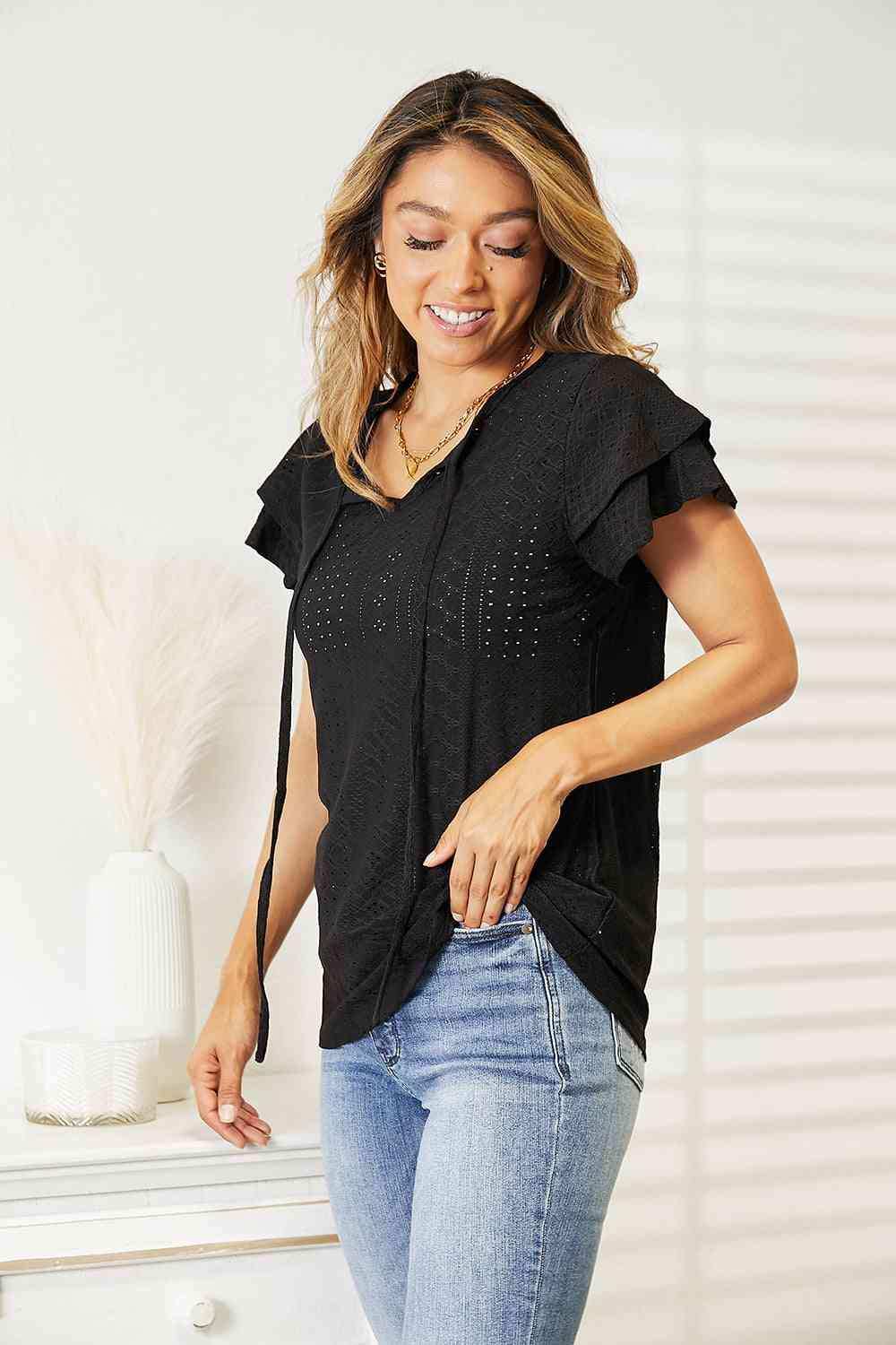 Double Take Eyelet Tie-Neck Flutter Sleeve Blouse - Trendsi - Flyclothing LLC