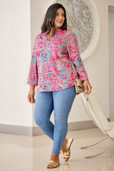 Plus Size Printed Notched Long Sleeve Blouse - Trendsi - Flyclothing LLC