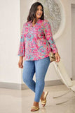 Plus Size Printed Notched Long Sleeve Blouse - Trendsi - Flyclothing LLC