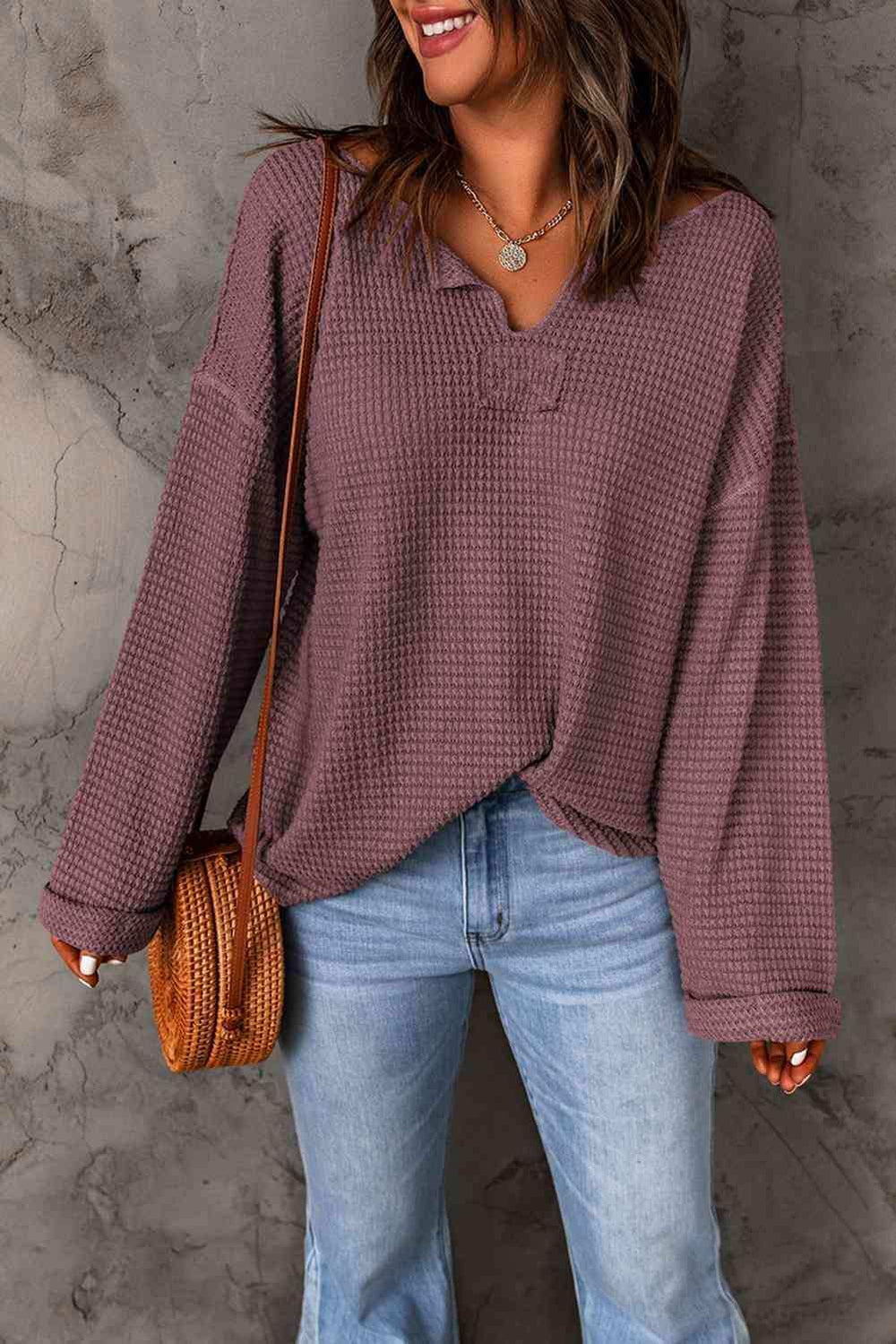 Notched Neck Drop Shoulder Blouse - Trendsi - Flyclothing LLC