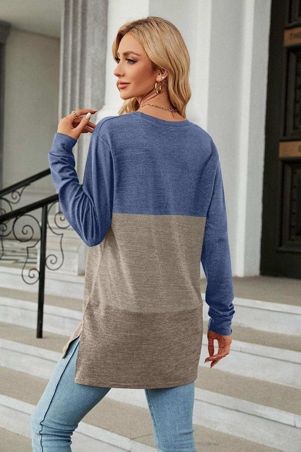 Color Block Round Neck Long Sleeve Slit T-Shirt - Trendsi - Flyclothing LLC