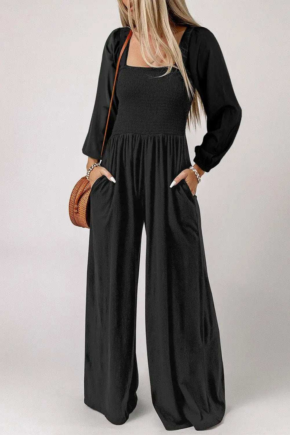 Square Neck Raglan Sleeve Jumpsuit with Pocket - Trendsi - Flyclothing LLC
