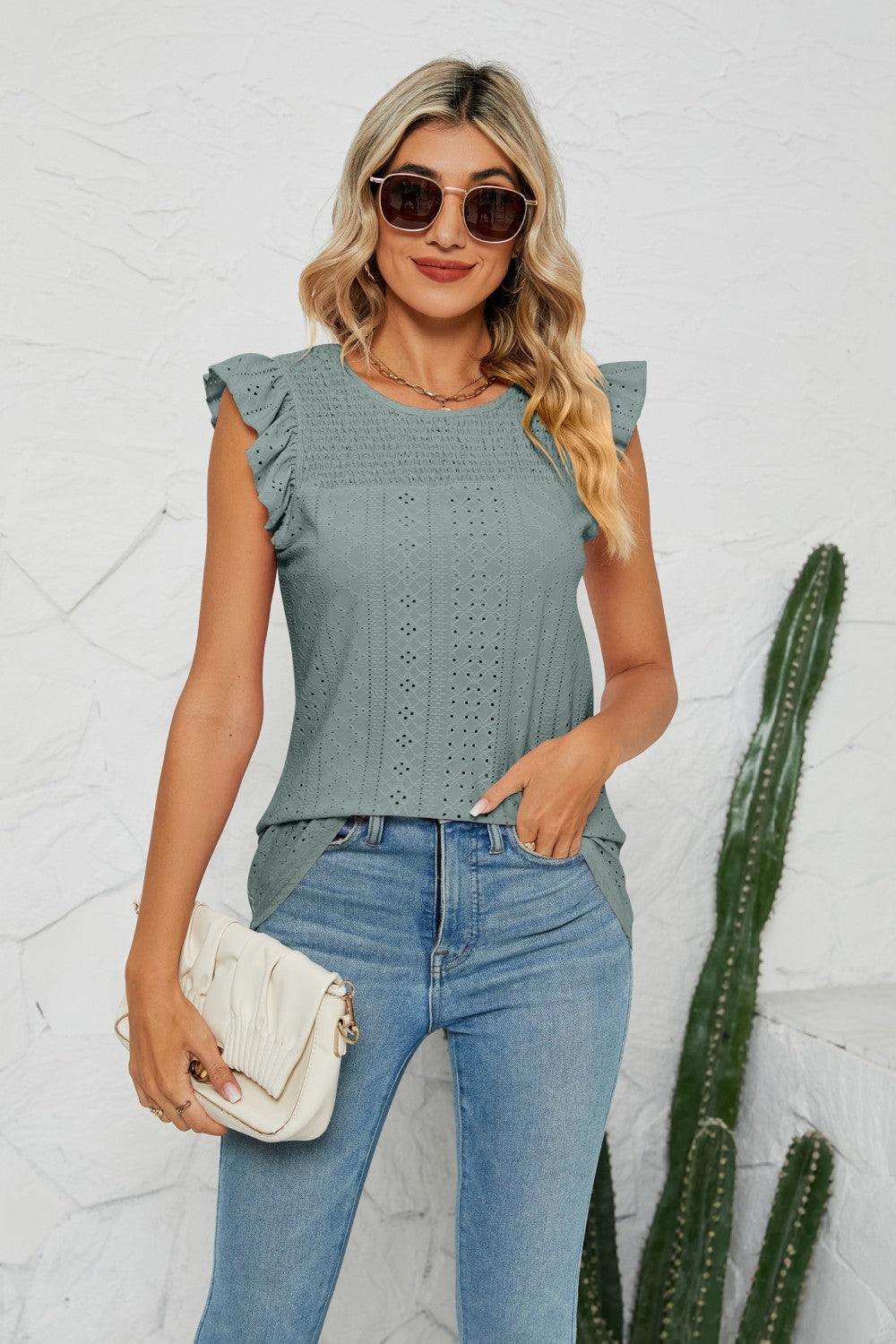 Smocked Round Neck Eyelet Top - Trendsi - Flyclothing LLC
