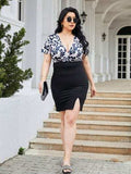 Plus Size Slit Printed Surplice Wrap Dress - Trendsi - Flyclothing LLC