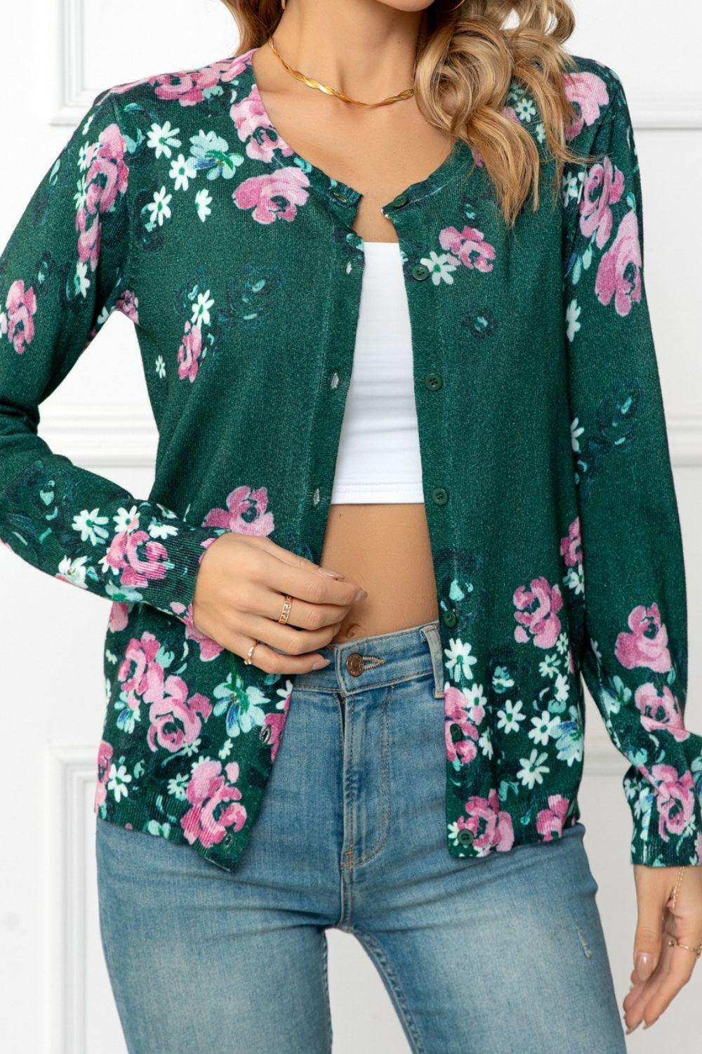 Floral Button Front Round Neck Cardigan - Trendsi - Flyclothing LLC