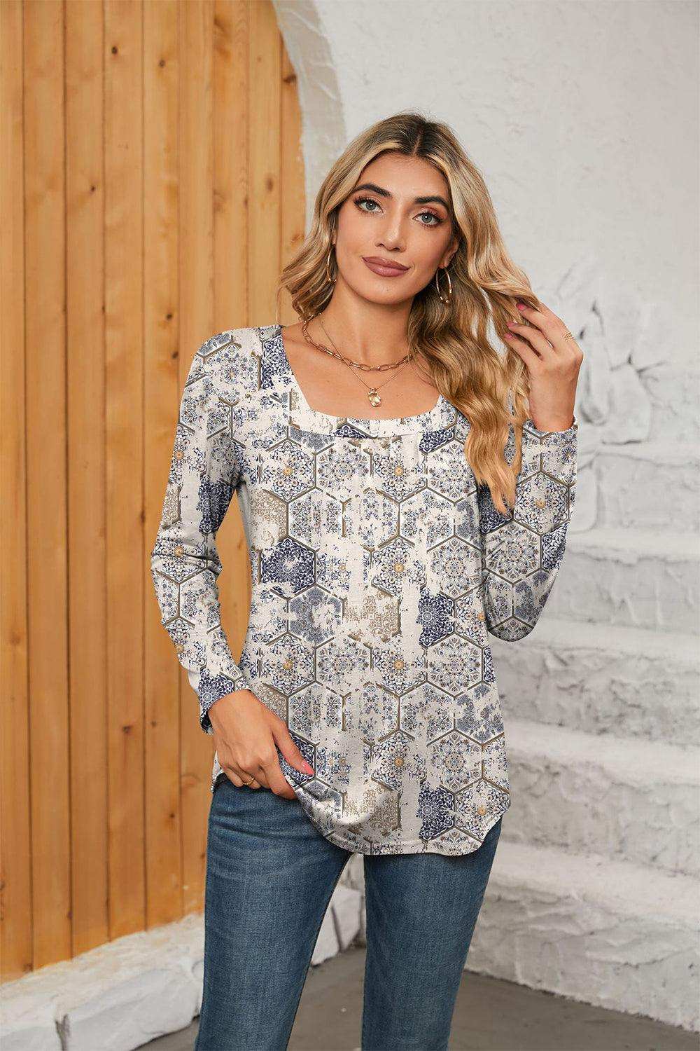 Printed Square Neck Long Sleeve Blouse - Trendsi - Flyclothing LLC