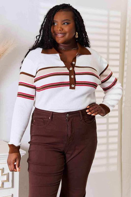 Basic Bae Striped Collared Neck Rib-Knit Top - Trendsi - Flyclothing LLC