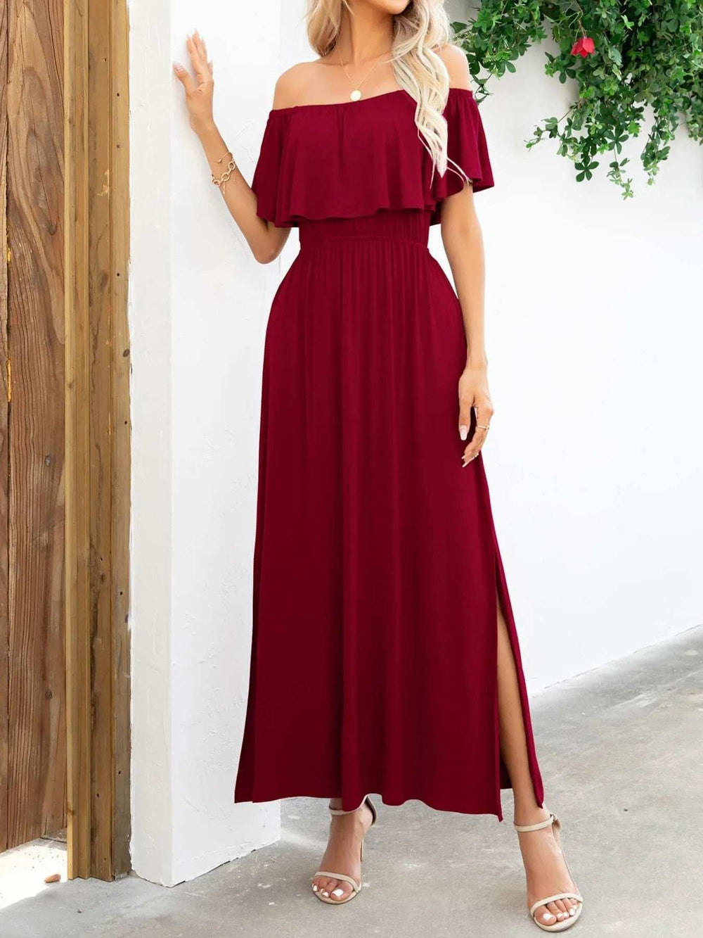 Off-Shoulder Slit Maxi Dress - Trendsi - Flyclothing LLC