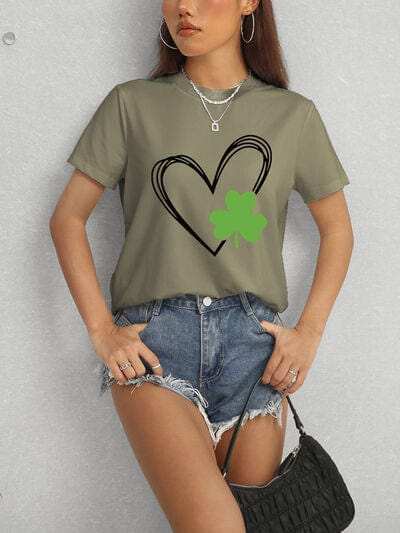 Heart Lucky Clover Short Sleeve T-Shirt - Trendsi - Flyclothing LLC