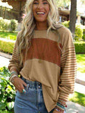 Round Neck Striped Long Sleeve Slit T-Shirt - Trendsi - Flyclothing LLC