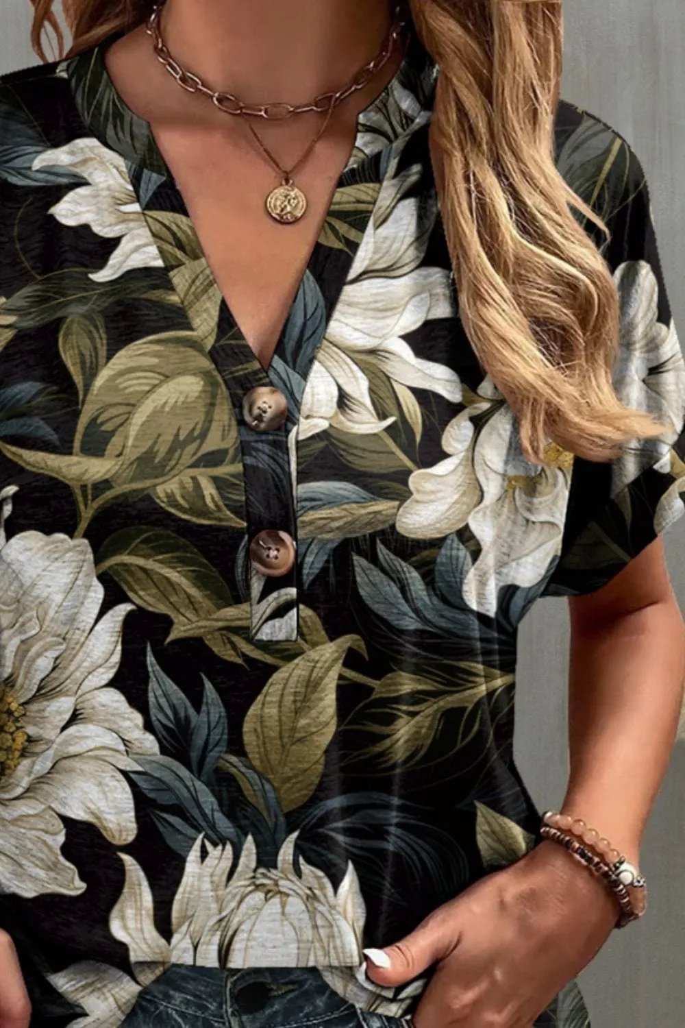 Printed Notched Short Sleeve T-Shirt - Trendsi - Flyclothing LLC