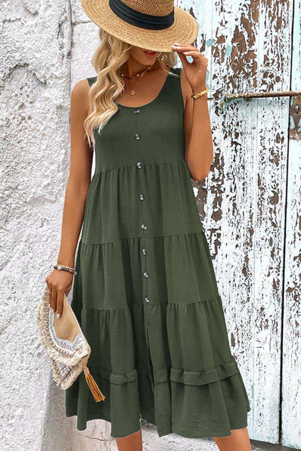 Decorative Button Scoop Neck Tiered Sleeveless Dress - Trendsi - Flyclothing LLC