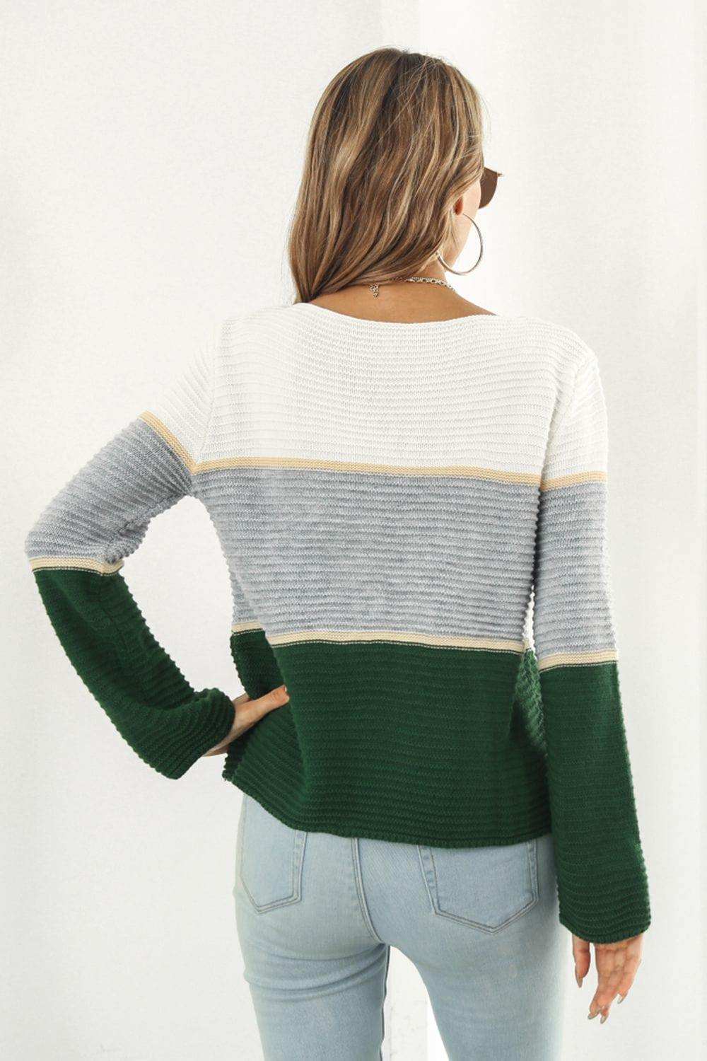 Color Block Horizontal Ribbing Sweater - Trendsi - Flyclothing LLC