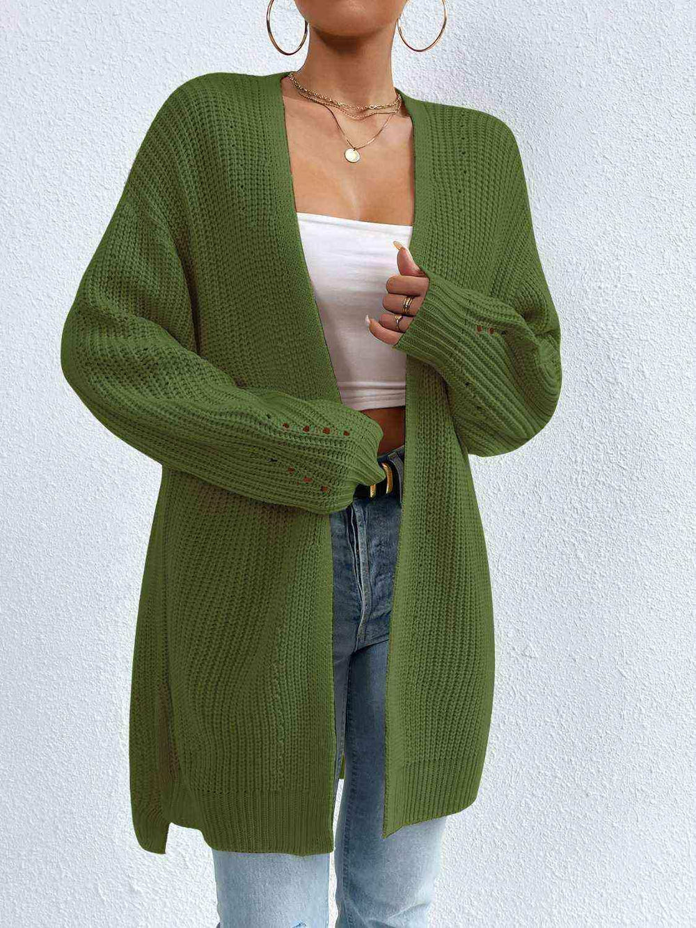 Open Front Dropped Shoulder Slit Cardigan - Trendsi - Flyclothing LLC