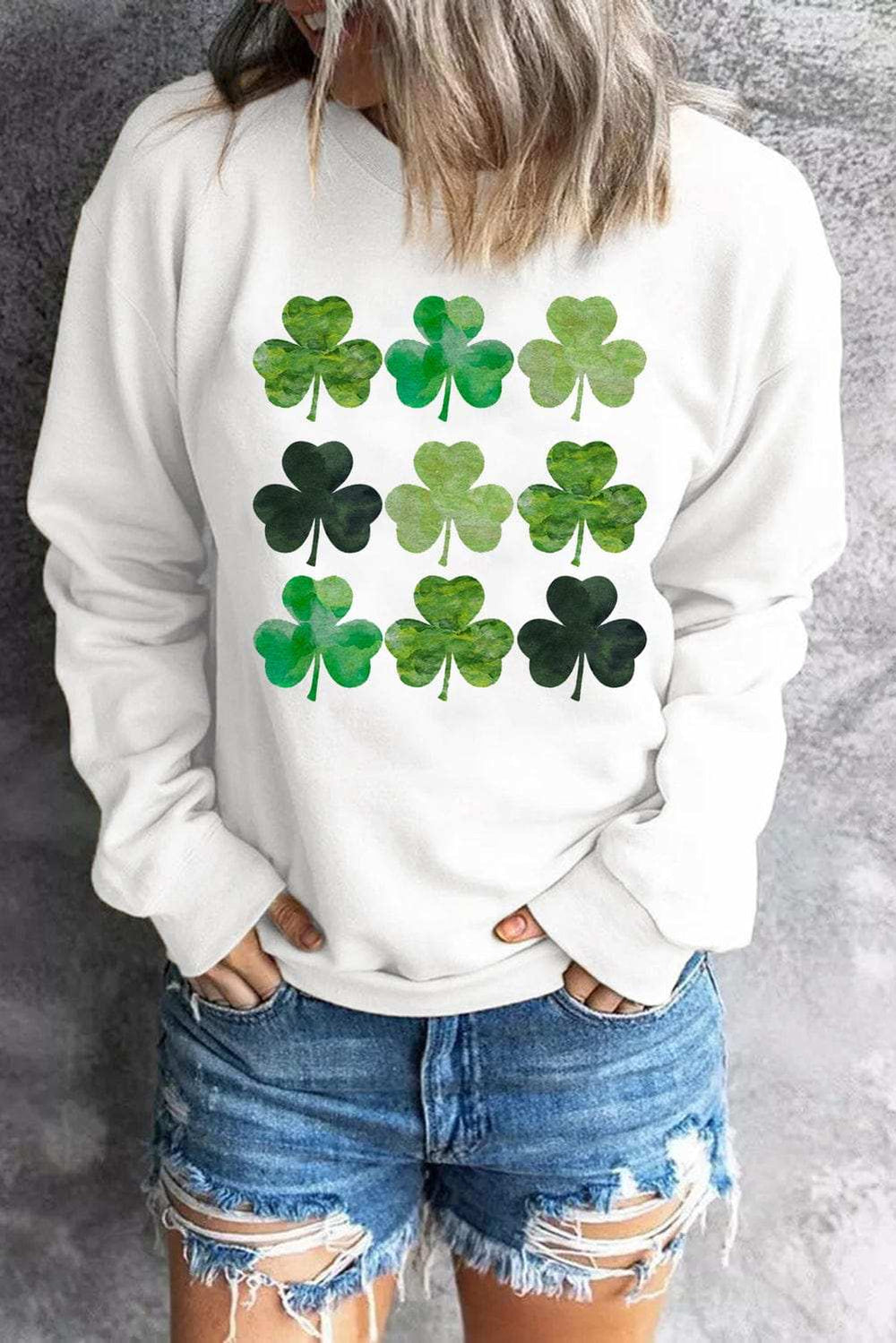 Lucky Clover Round Neck Dropped Shoulder Sweatshirt - Trendsi - Flyclothing LLC